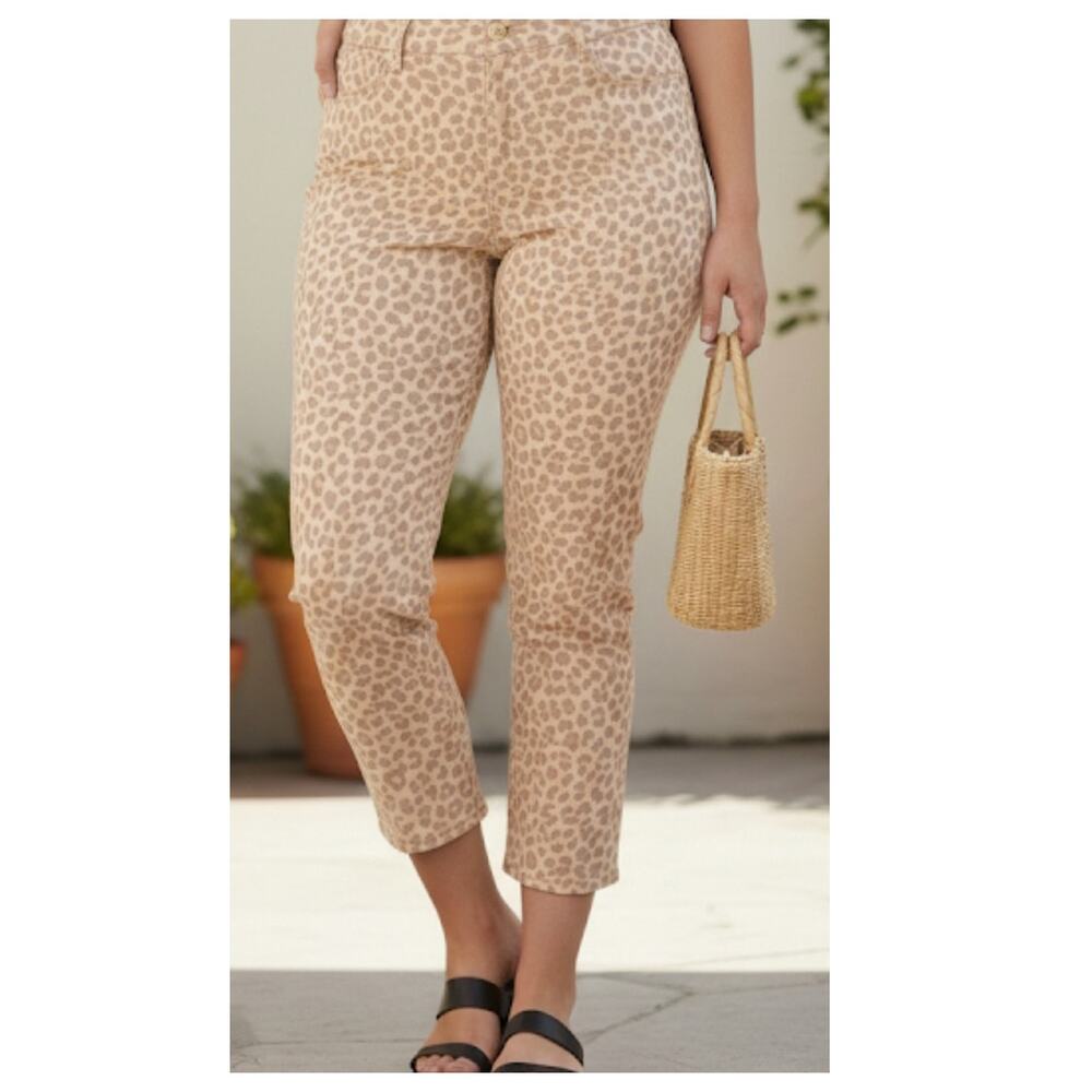 Vtg Jordache Cropped Jeans Tan Black Cheetah‎ Print Mid Rise Skinny Size 14